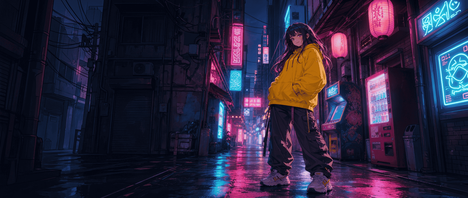 Crave Happy character standing in a neon Tokyo alley filled with vending machines and arcade light
