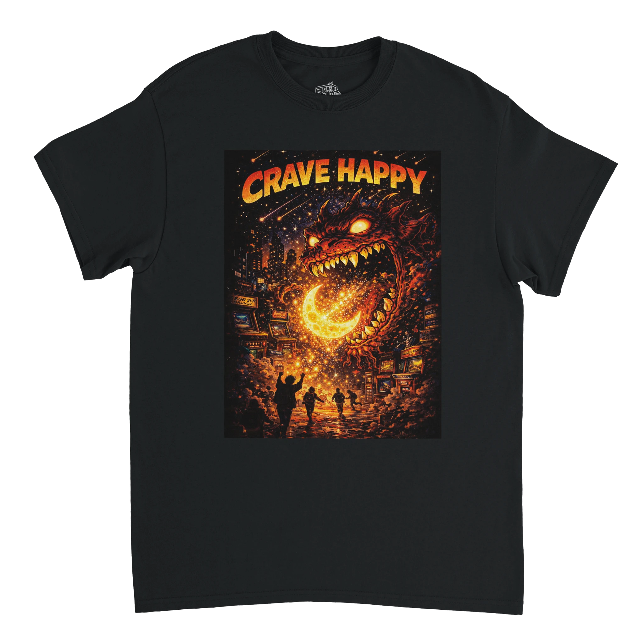 Black t-shirt with 'Crave Happy' graphic design featuring a dragon and cityscape.