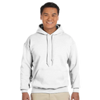 Man wearing a white hoodie with a logo on a white background