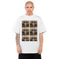 Person wearing a white t-shirt with graphic design on a white background