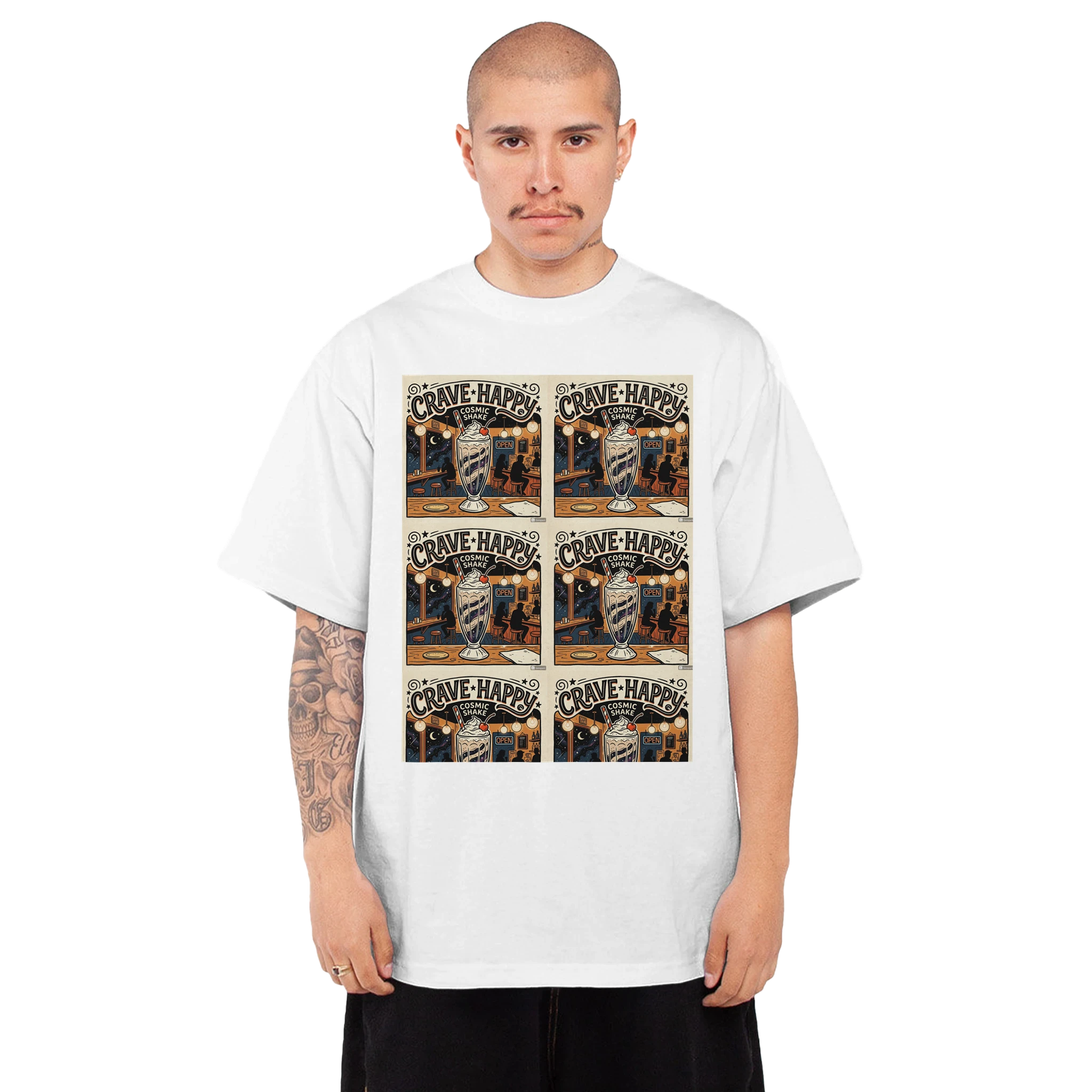 Person wearing a white t-shirt with graphic design on a white background