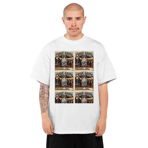 Person wearing a white t-shirt with graphic design on a white background