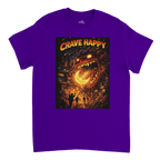 Purple t-shirt with a graphic design featuring a dragon and 'Crave Happy' text on a white background
