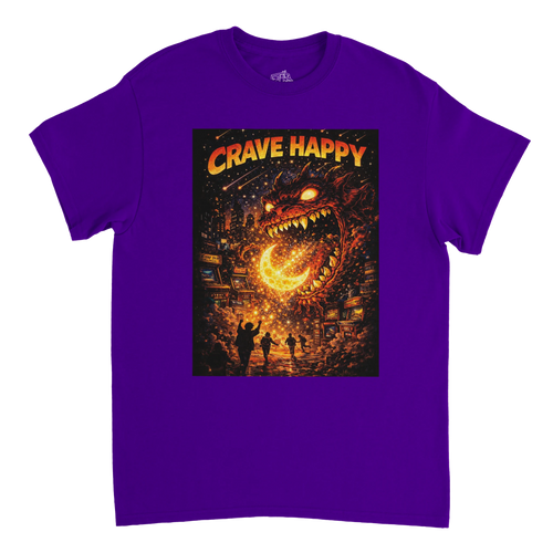 Purple t-shirt with a graphic design featuring a dragon and 'Crave Happy' text on a white background