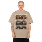 Man wearing a beige t-shirt with graphic design on a white background