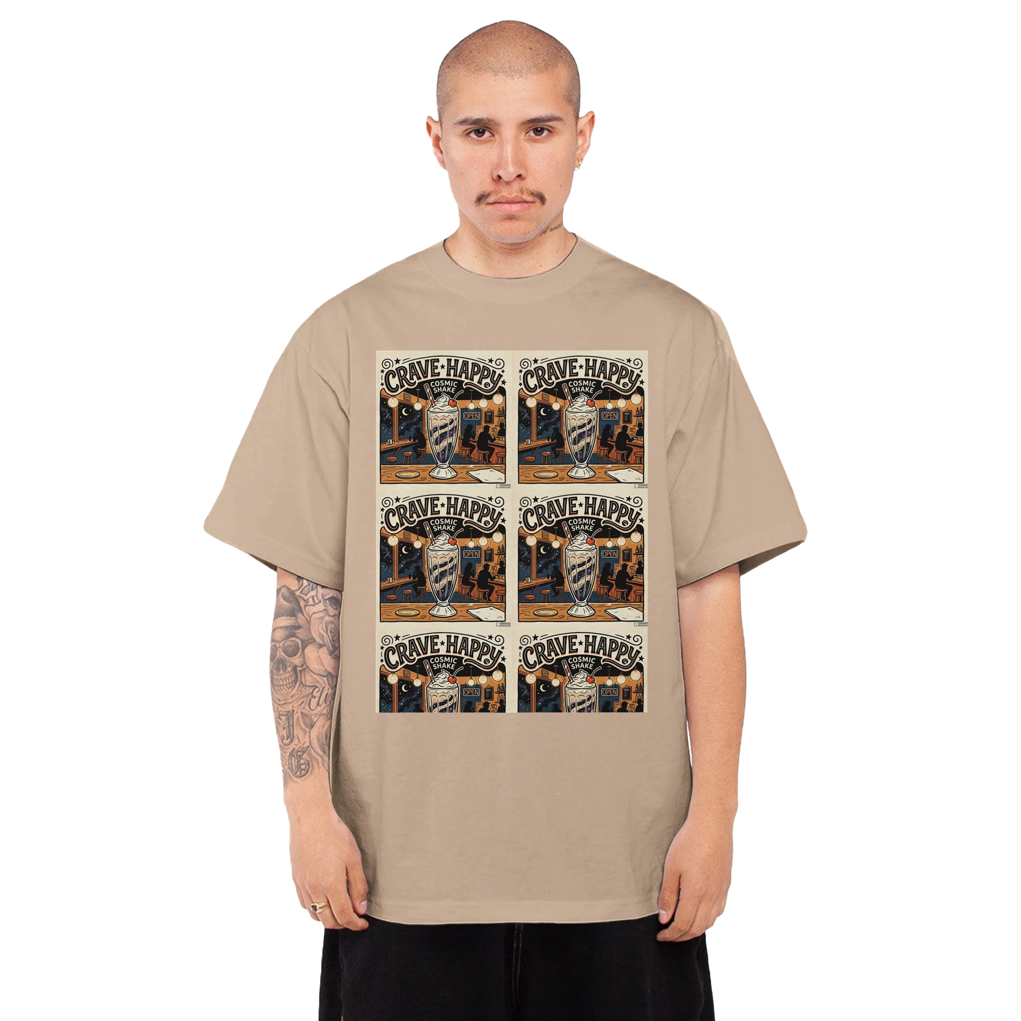 Man wearing a beige t-shirt with graphic design on a white background