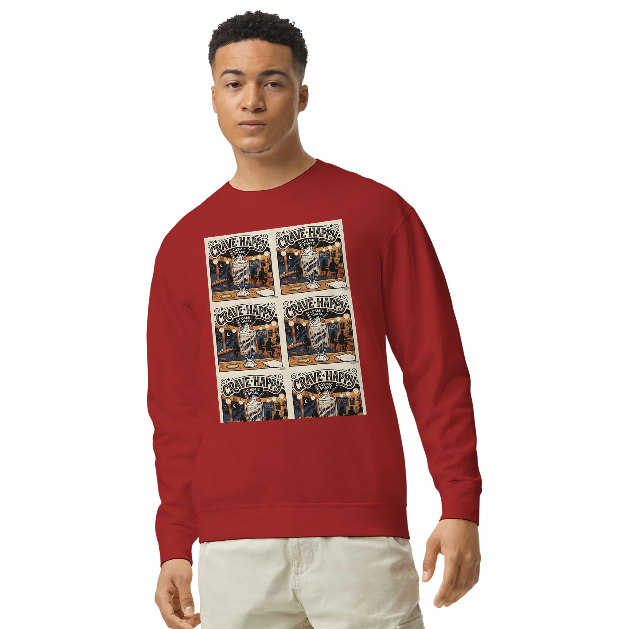 Person wearing a red sweatshirt with 'Cave Happy' graphic design on a white background