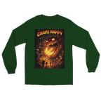 Green long-sleeve shirt with 'Crave Happy' graphic design on a white background