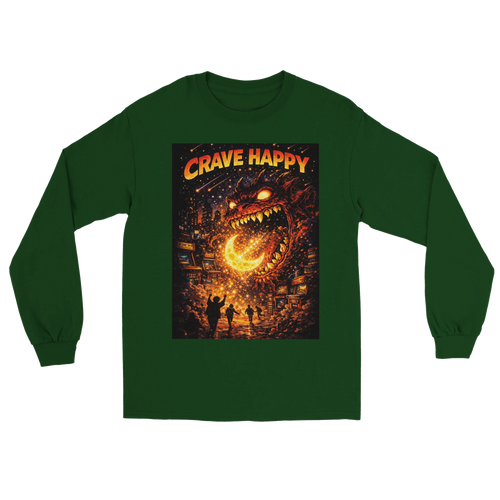 Green long-sleeve shirt with 'Crave Happy' graphic design on a white background