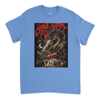 Blue t-shirt with a graphic design featuring a dragon and text on a white background