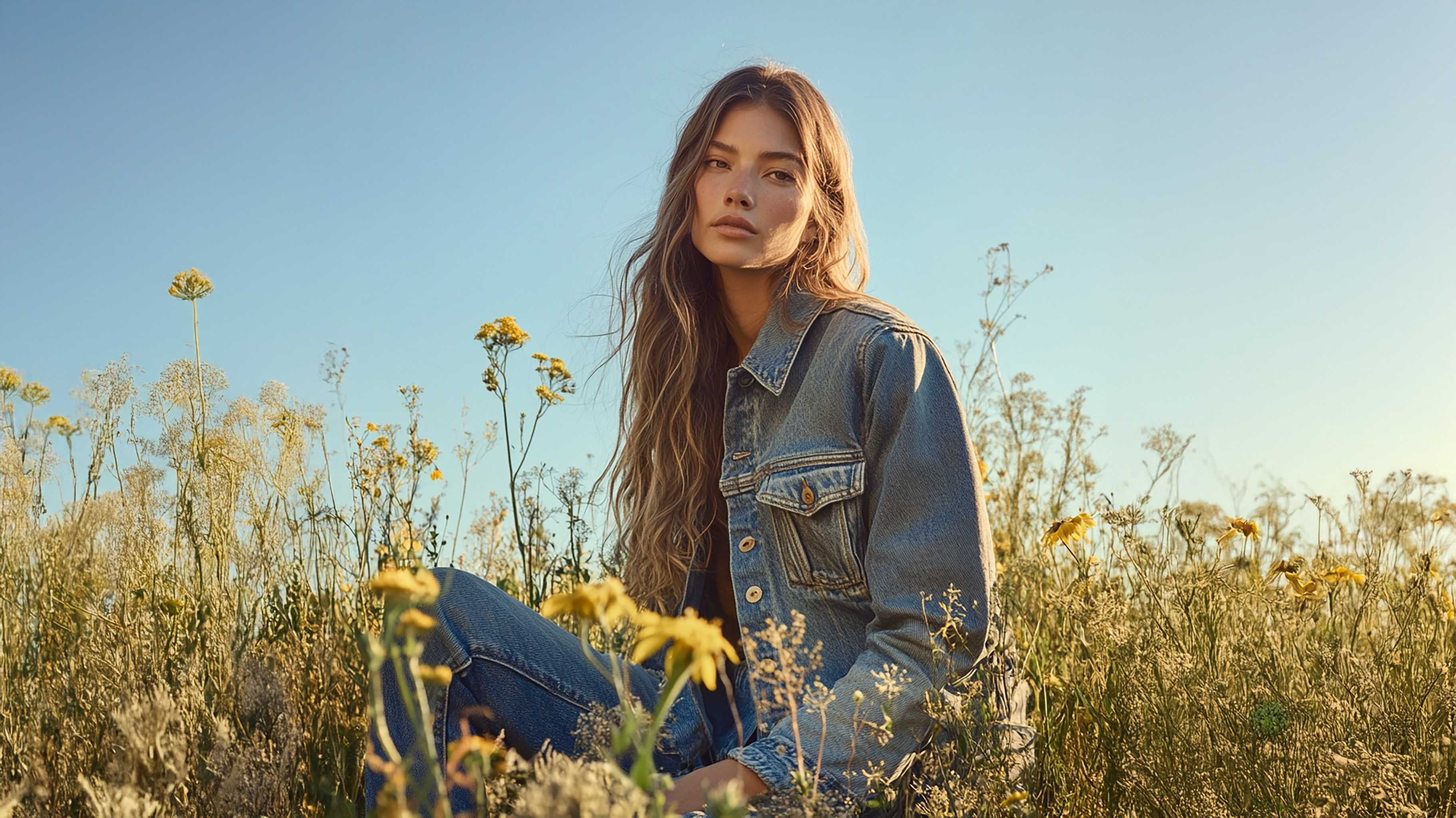 Woman sitting in a field of wildflowers wearing a denim jacket.