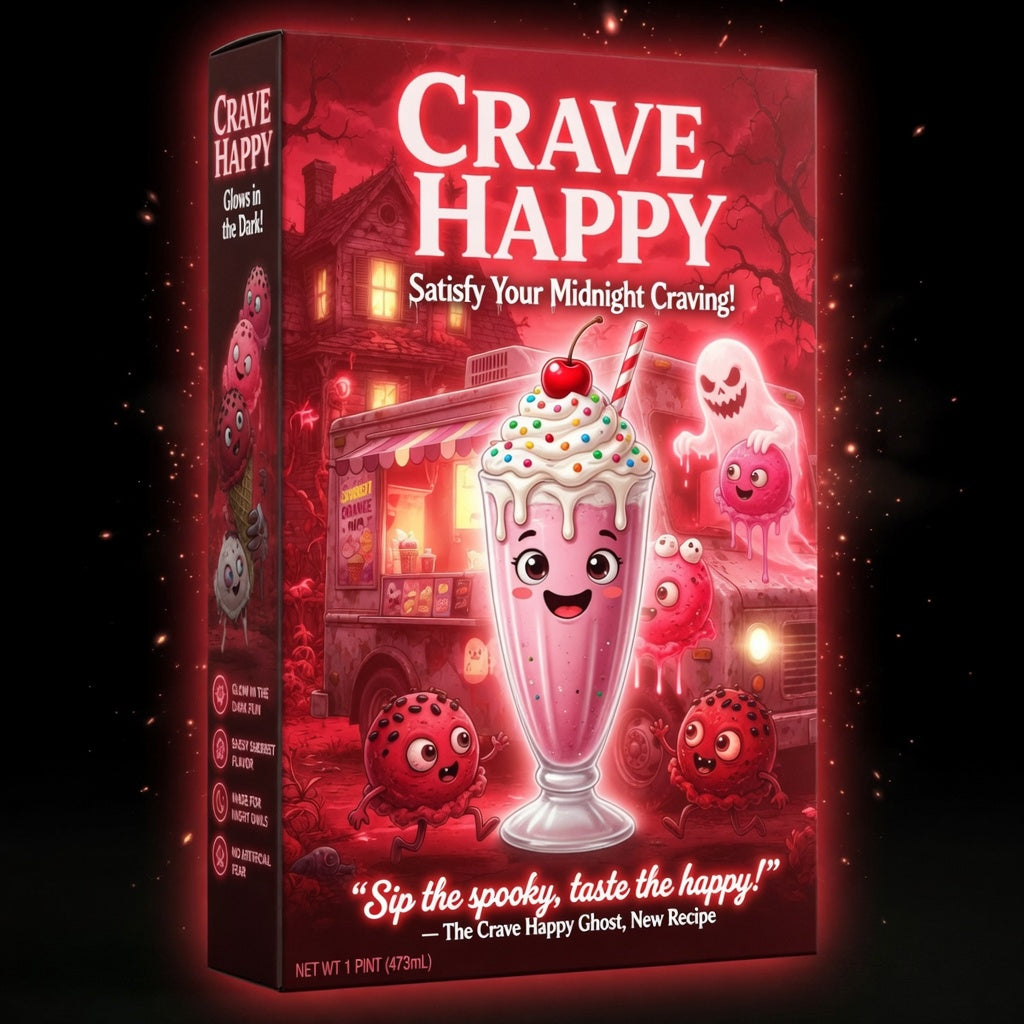Crave Happy ice cream packaging with a ghost-themed design on a dark background