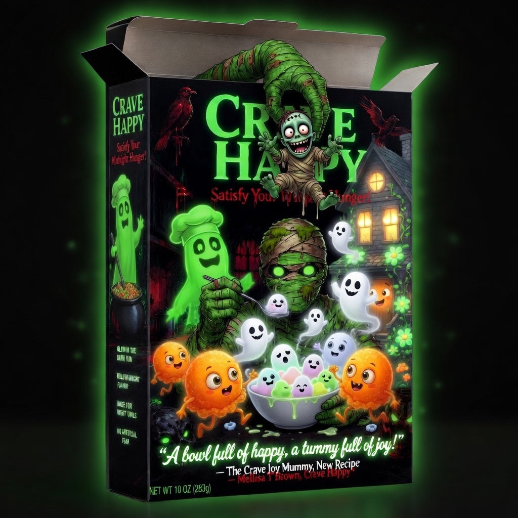Box of Crave Happy toy mummies with Halloween-themed graphics on a dark background